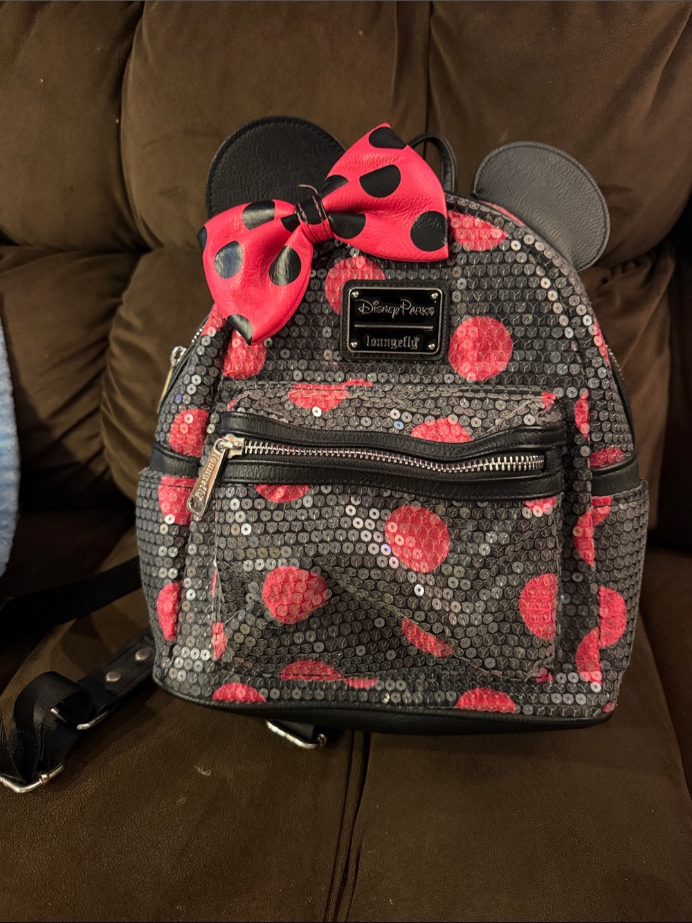 Disney Black Sequin Mini Backpack with Red Polka-Dot Bow